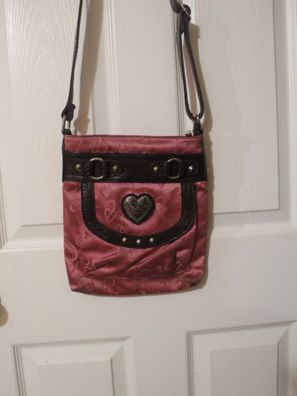 Brighton Pink Heart Jacquard Crossbody Bag with Dark Embossed Trim
